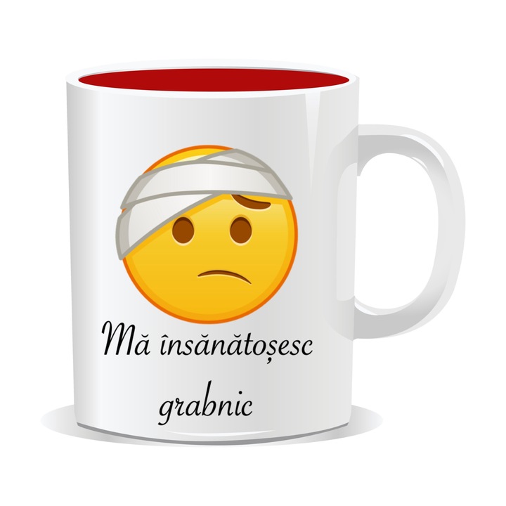Cana personalizata cu Emoji, cu mesaj, Emoji bandajat, Cadoul ideal, Insanatosire grabnica, 330 ml, interior rosu