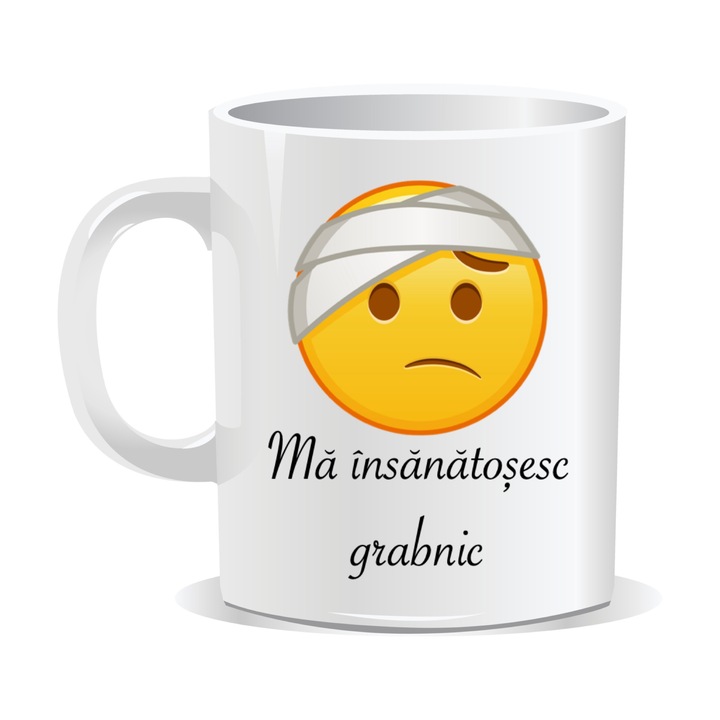 Cana personalizata cu Emoji, cu mesaj, Emoji bandajat, Cadoul ideal, Insanatosire grabnica, 330 ml, interior alb