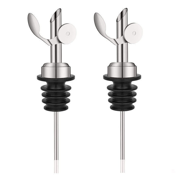 Капкомер за бутилка със свободен поток, Axroad Mall, Дизайн с автоматично затваряне, Универсален размер на гърлото на бутилката, Лесно почистване, За наливане на течност, зехтин, вино, оцет, Неръждаема стомана 304 + TPE, 12 * 3 * 1 cm, Черно/Сребристо