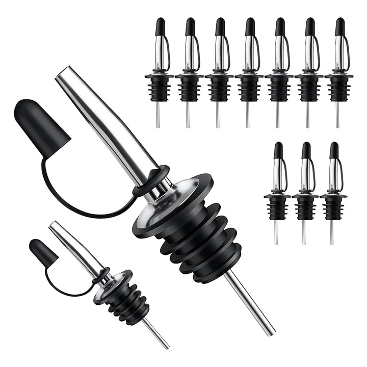 12 palackos tartozék készlet, Axroad Mall, Univerzális méret, Porvédő kupakkal, Könnyen tisztítható, Könnyen tisztítható, Folyadék, olívaolaj, bor öntéséhez, Rozsdamentes acél + TPE, 10,5 * 5 * 4,5 cm, Fekete/ezüst