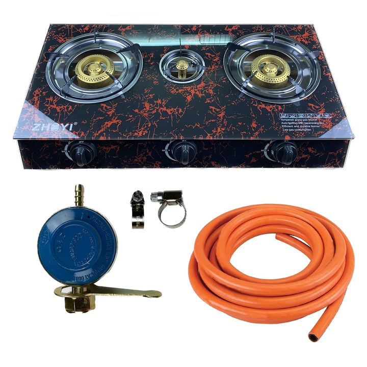 Set aragaz 3 ochiuri din sticla securizata cu aprindere pe quartz, 2 m de furtun gaz cu insertie, reductor cu cheie si 2 coliere