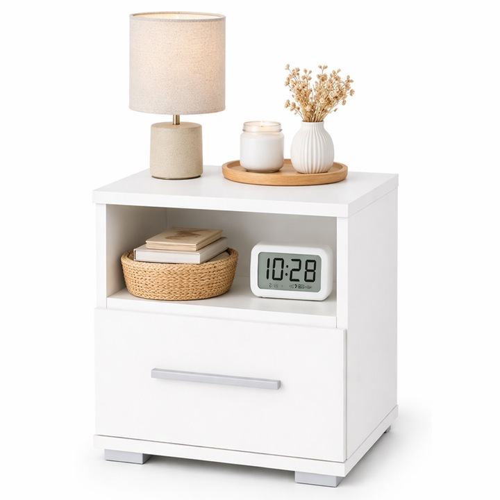 Noptiera Pat CMDesign, Direct Asamblata, Realizata la Comanda, 1 Sertar si Spatiu pentru Depozitare, Culoare Alba, PAL 18mm, Design Modern, Dimensiuni 45x40x35 cm