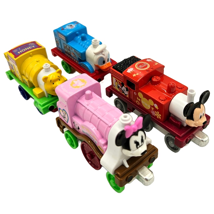 Комплект от 4 метални локомотива с магнит, Анимационно влакче, Метал, 8 см, Многоцветен