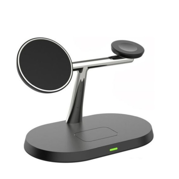 WaltStore vezeték nélküli töltő, töltőállomás 3 az 1-ben Qi gyorstöltő 15 W gyorstöltés kompatibilis Apple Watch-al, Airpods, iPhone, kábel mellékelve, fekete
