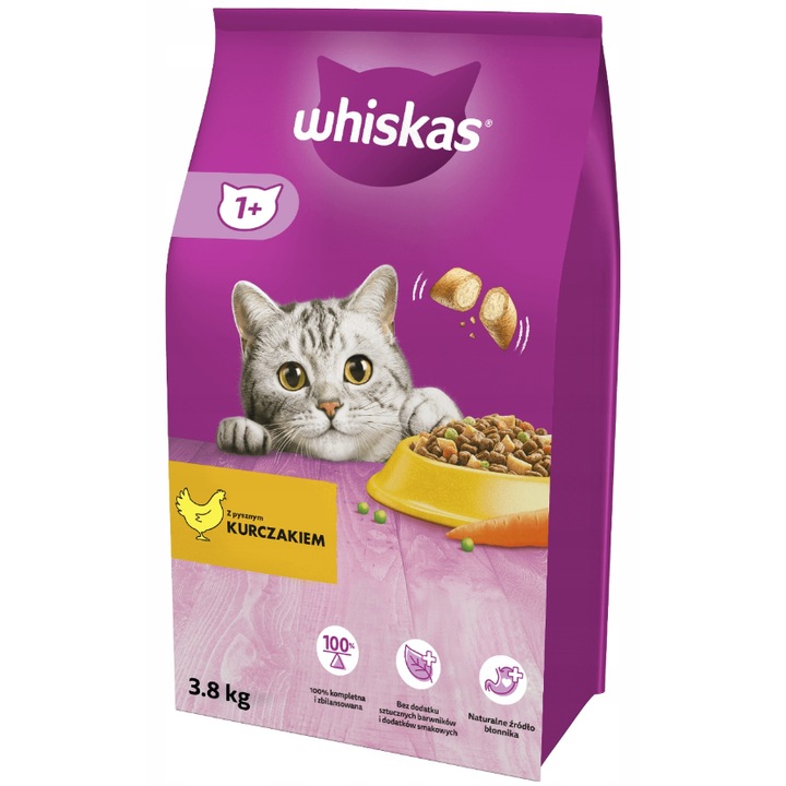 Hrana uscata pentru pisici adulte, Whiskas, Pui, 3.8 kg