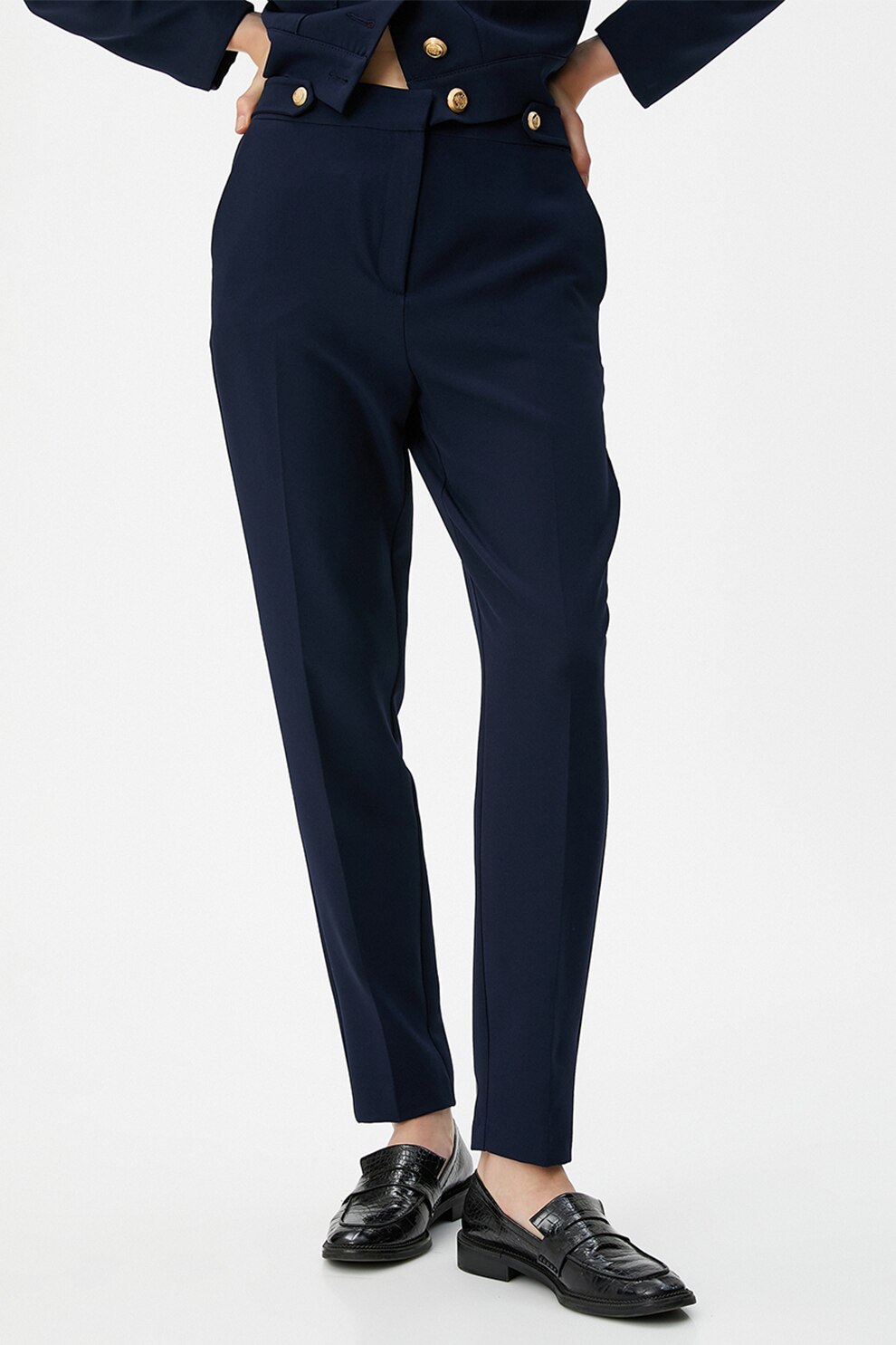 Pantaloni din stofa usor elastica bleumarin conici cu talie inalta