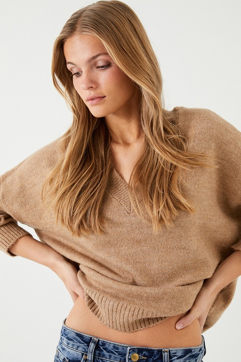 KOTON, Pulover lejer cu decolteu in V, Maro camel, XL