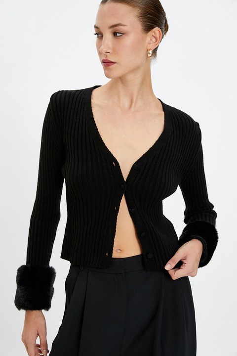 KOTON, Cardigan cu detalii de blana sintetica, Negru, S