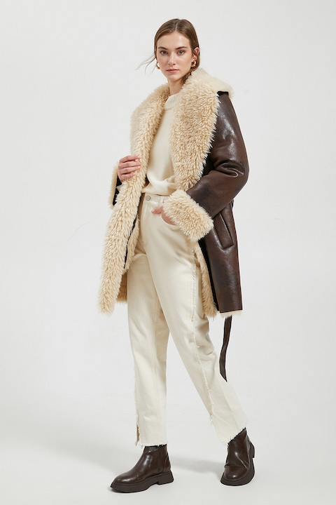 KOTON, Palton de piele ecologica cu captuseala de blana shearling, Maro inchis, XS