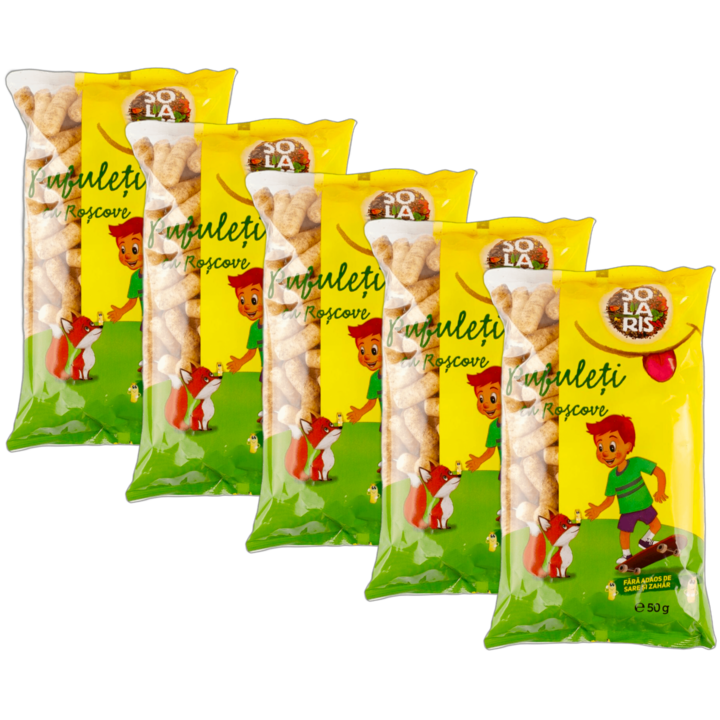 Set 5 Pufuleti din porumb cu roscove, fara zahar, fara aditivi, 5 x 50g, Solaris Plant