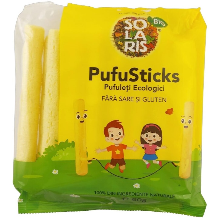 Pufuleti ecologici din porumb nemodificat genetic PufuSticks fara sare, fara gluten, fara aditivi, 60g, Solaris Plant