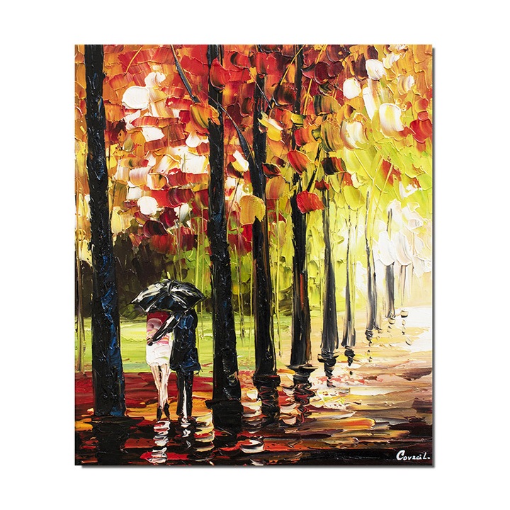 Tablou pictat manual living, dormitor, Noi doi sub o umbrela, 60x50cm ulei pe panza in cutit efect 3D, gata de expus pe perete