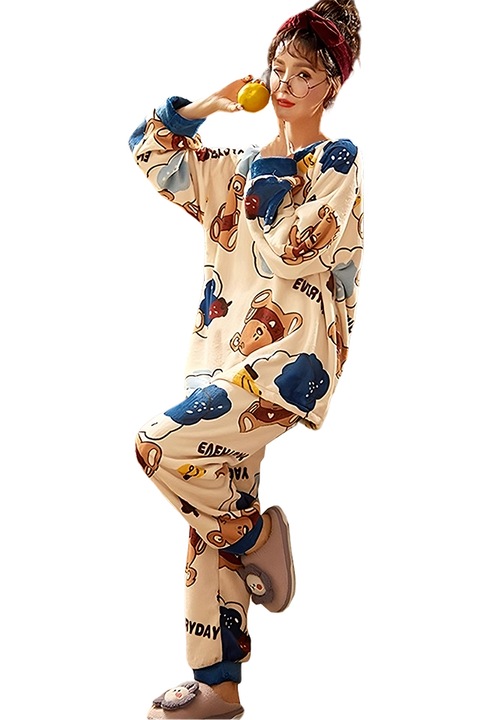 Pijama dama, set 2 piese, bluza maneca lunga si pantaloni lungi, model pufos si calduros, tematica I love bears, EFAYN, Albastru