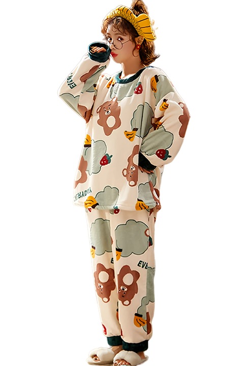 Pijama dama, set 2 piese, bluza maneca lunga si pantaloni lungi, model pufos si calduros, tematica I love bears, EFAYN, Verde