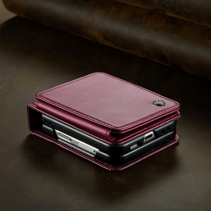 Калъф за Samsung Galaxy Z Flip5, CaseMe, мека текстурирана кожа и удобен за хващане в ръка, тип рамка, пълна защита, функция за стойка, притежател на карта, червен