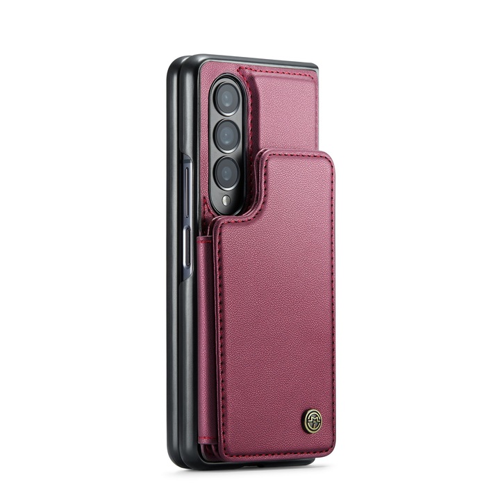 Калъф за Samsung Galaxy Z Fold4, CaseMe, мека текстурирана кожа и удобен за хващане в ръка, тип рамка, пълна защита, функция за стойка, притежател на карта, червен
