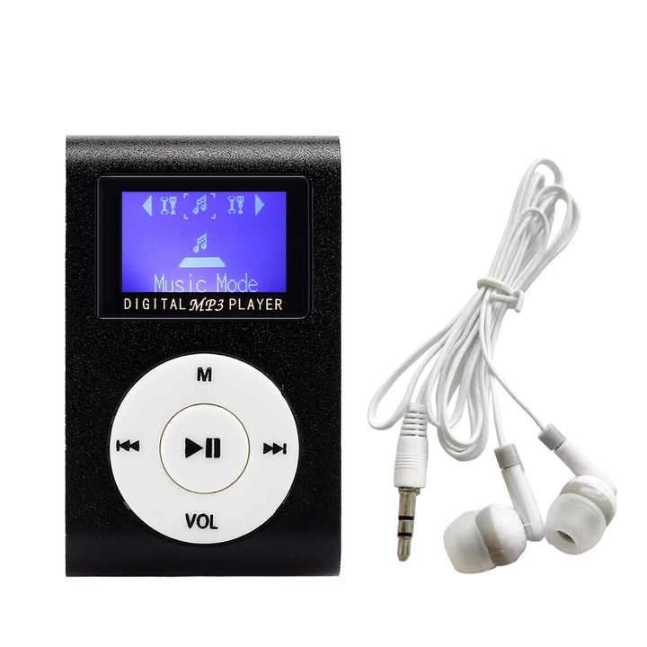 Mini MP3 lejátszó fejhallgatóval és hordozható töltőkábellel, NUODWELL, Mini LCD képernyővel, hátul rögzítő klipsszel és memóriakártyával, Otthoni, irodai, sport- és utazási használatra, Fém/műanyag, 4,5 x 3,1 x 1,5 cm, Fekete