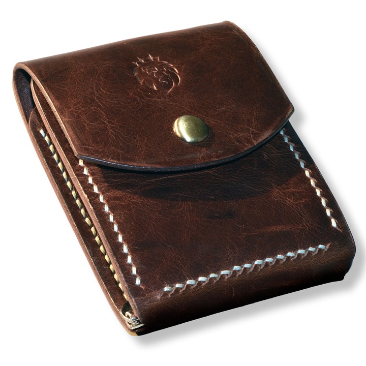 Portofel cu clips maro piele naturala lucrat manual