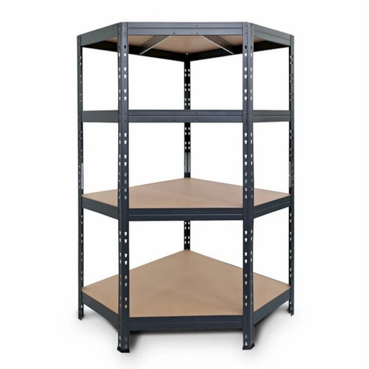 Handlekraft® fém sarokpolc 4 db MDF polc, 1800x900x900x400 mm, horganyzott acél, egyszerű telepítés - csavar nélkül, univerzális megoldás a hatékony tároláshoz és rendszerezéshez, fekete