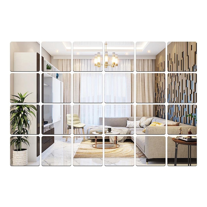 Комплект от 24 самозалепващи се акрилни огледала Luxer, квадратен модел, 15x15 см, сребро