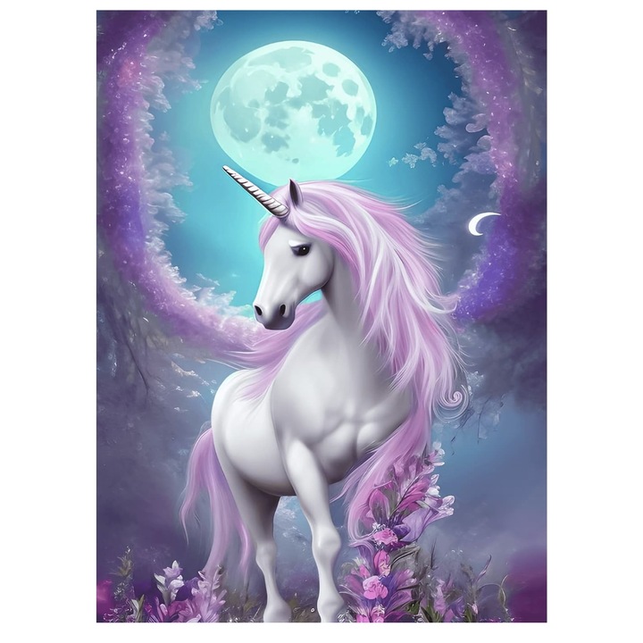 Tablou GM524 Unicorn sub clar de luna, Pictura cu Diamante, Goblen cu pietre 5D, cu rama de lemn, 40 x 50 cm