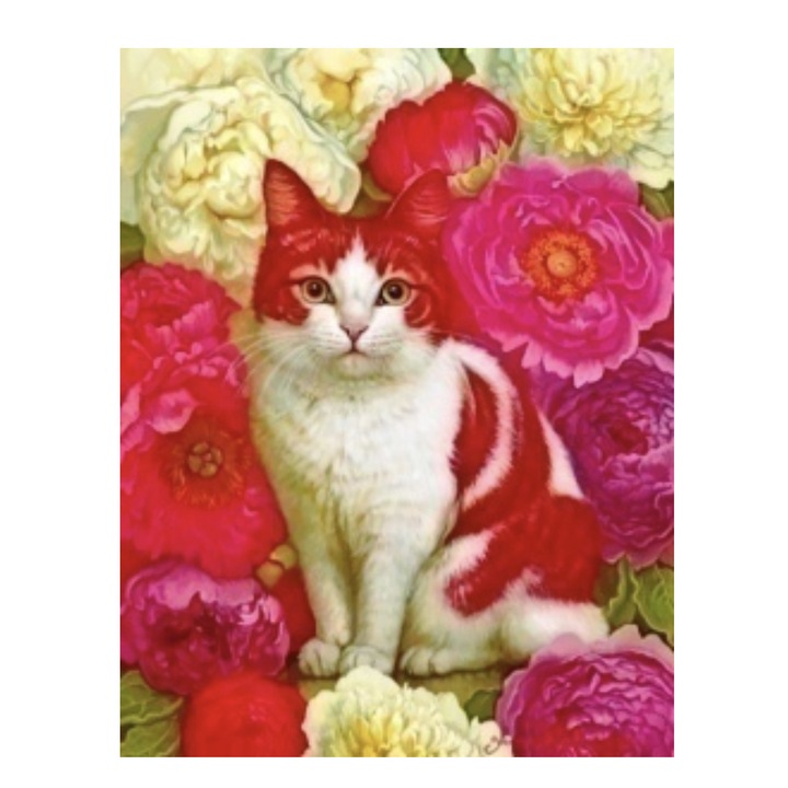 Tablou GM537, Pisica cu bujori, Pictura cu Diamante, Goblen cu pietre 5D, cu rama de lemn, 40 x 50 cm