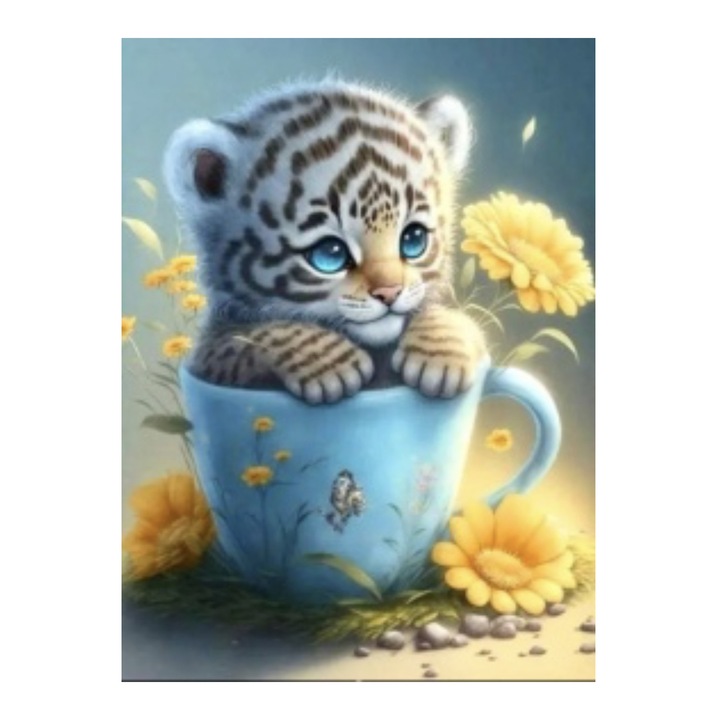 Tablou GM513 Tigrut in ceasca Pictura cu Diamante, Goblen cu pietre 5D, cu rama de lemn, 20 x 30 cm