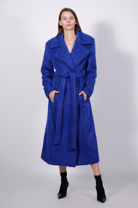 UVIA, Palton cu revere decupate si cordon in talie, Albastru royal, XS