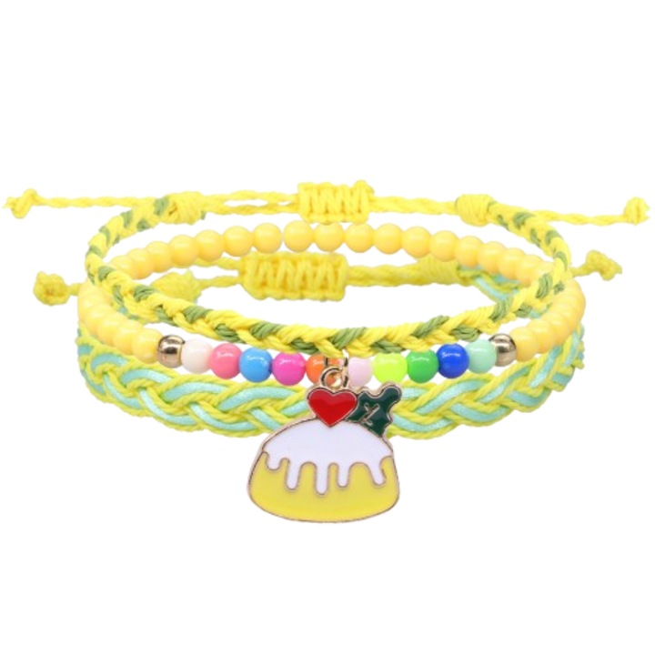 Set trei bratari tip snur din textil impletit si margele, realizat manual, marime reglabila, charm-uri animate, Tessero, galben