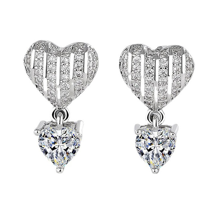 Дамски обеци Double Love, Циркон S925 Сребро, Цвят платина, 2см