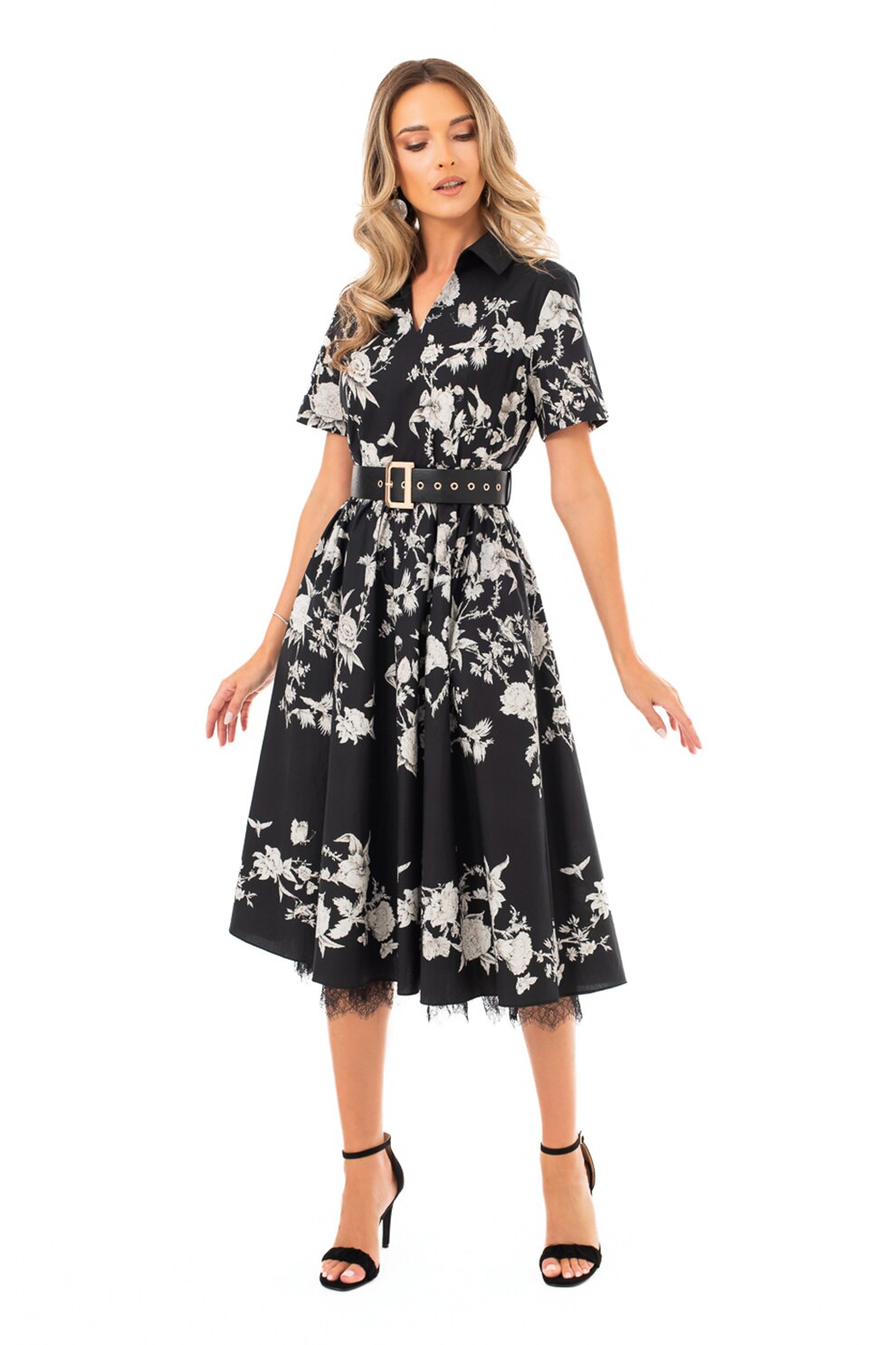 MIYU, Rochie cu model floral si buzunare laterale, Negru, Alb, S