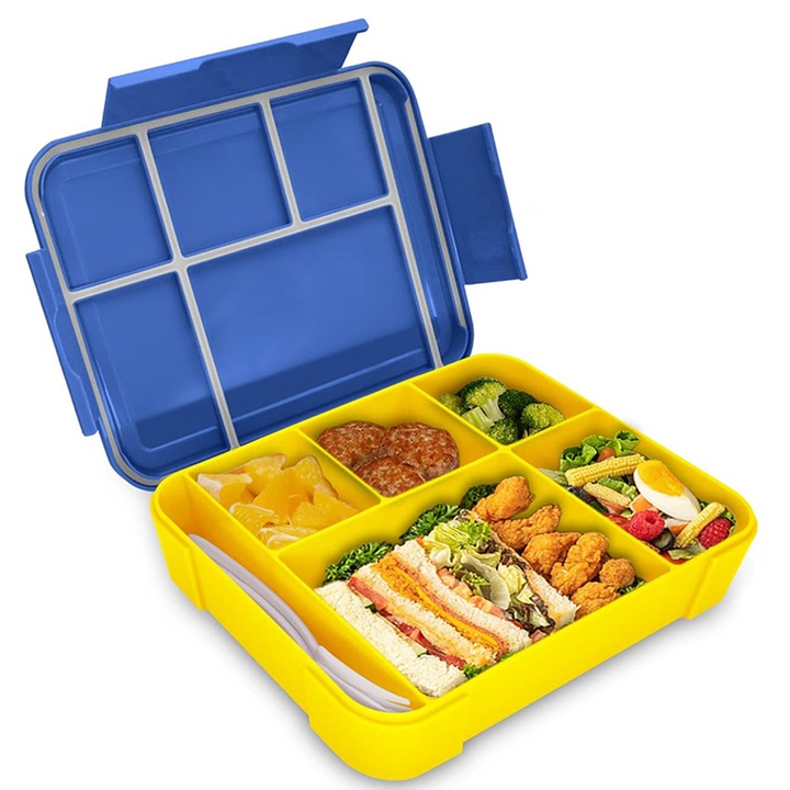 Кутия за сандвичи, Ronyes с лъжица и вилица и стикери, много отделения, 23x17 см, синя