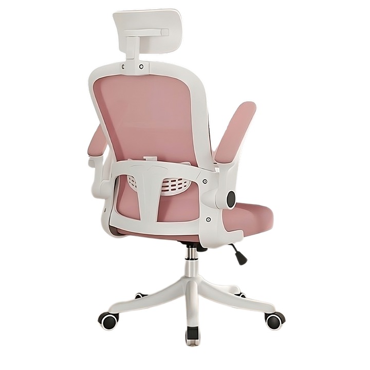 Scaun birou ergonomic, suport lombar si tetiera, alb/roz