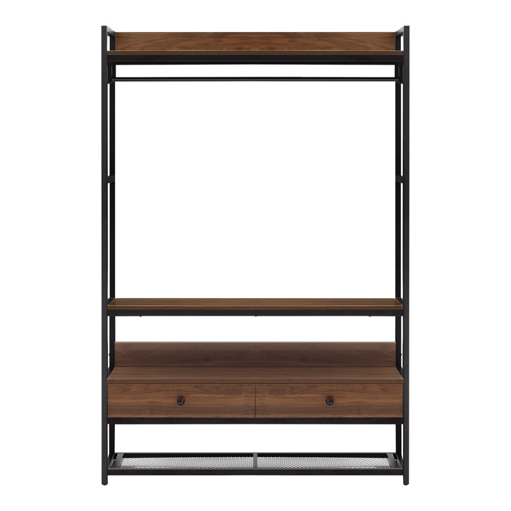 Suport haine, en.casa, Isen, 180 x 120 x 40 cm, metal, mdf, negru, efect lemn nuc, cu 1 sina, 2 sertare si 4 rafturi