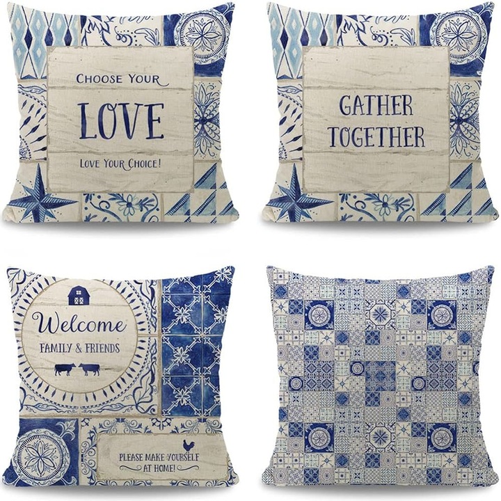 Комплект от 4 декоративни калъфки за възглавници, геометричен десен, Син