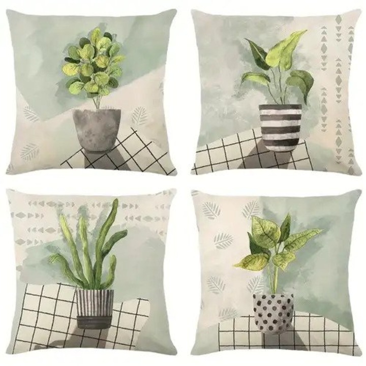 Комплект от 4 декоративни калъфки за възглавници, флорален десен, светло зелено