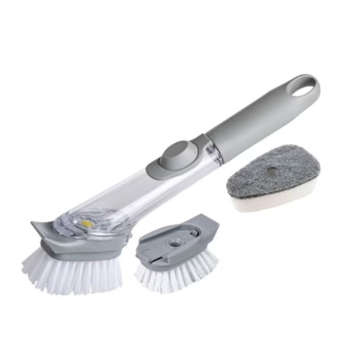 Perie multifunctionala ATT® pentru spalat vase, maner lung cu rezervor pentru detergent incorporat si 2 capete de rezerva, 1 perie si 1 burete, 24 cm
