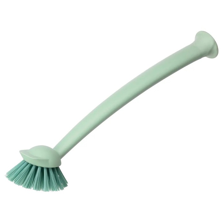 Perie de vase cu racleta pe spate, 29 cm, multi-functionala, cu ventuza pentru stabilitate, nu zgarie, din plastic rezistent si cauciuc, compatibila masina de spalat, practica, verde