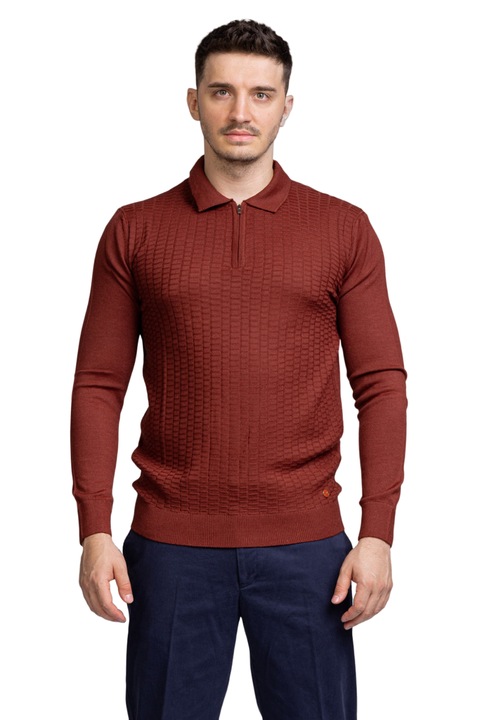 Pulover barbati Wemsey texturat polo, Lana, Caramiziu, Caramiziu