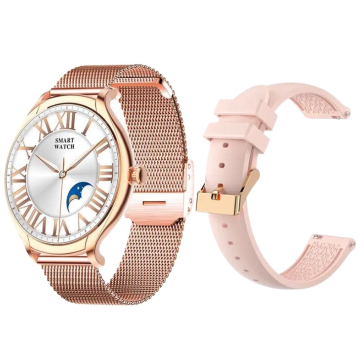 Смарт часовник RoHS Ultra Light WATCH Bluetooth HD Call, 1.39" Borderless Intens Vision Fluid Touch, 24/7 Smart Assistant, Fitness Tracker, Възпроизвеждане на музика, Sleep, SpO2, 2 златисти розови метални каишки