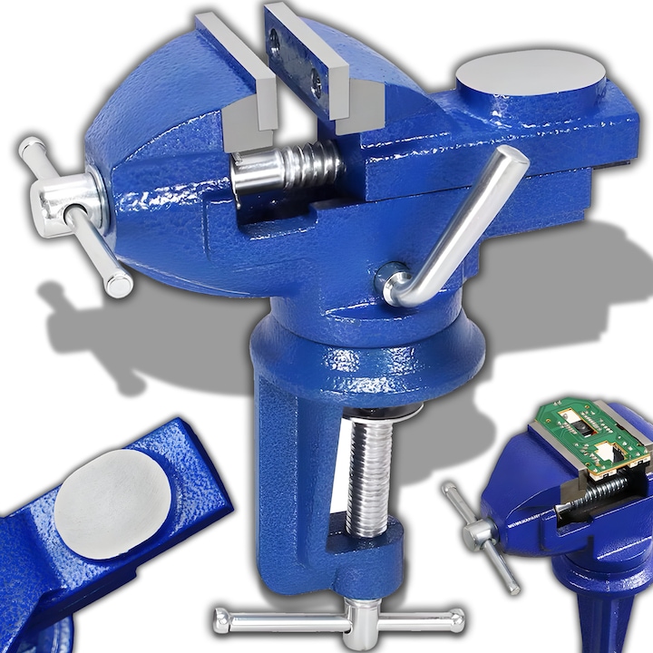 Mini Menghina de Banc Rotativa cu Nicovala, 50mm, Fonta, Albastru