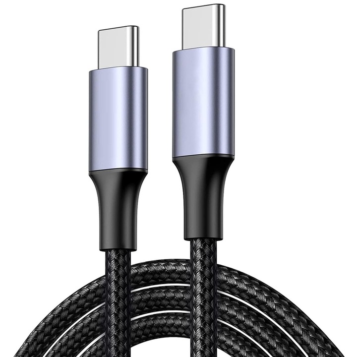 Cablu de date si incarcare rapida, Axroad Mall, 1 m, 3A, PD 60W, QC 4.0, USB 2.0, 40 MB/s, USB Type-C & USB Type-C, Cable for Huawei, iPhone15, Samsung, Xiaomi, Dell, Lenovo, Impletitura de nailon, Negru