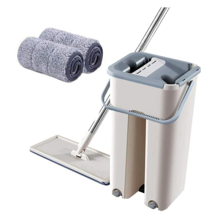 Set Galeata cu Storcator si Mop ATT®, 2 Cuve Pentru Spalare si Uscare Fara Atingere + 2 x Laveta Microfibra Reutilizabila, Gri