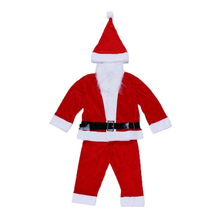 Costum de Mos Craciun, din catifea cu 5 piese, Baiat, 1-3 ani, 63 cm, Bluza, Pantaloni, Caciula, Barba, Curea, Rosu/Alb