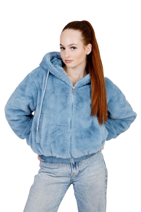 Синьо яке от синтетичен косъм с качулка, полиестер, Тъмносин