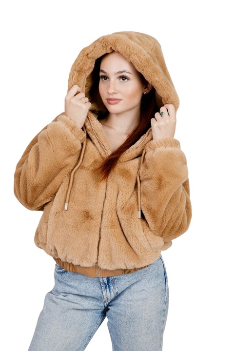 Яке от синтетична кожа с качулка, Камел, Камел
