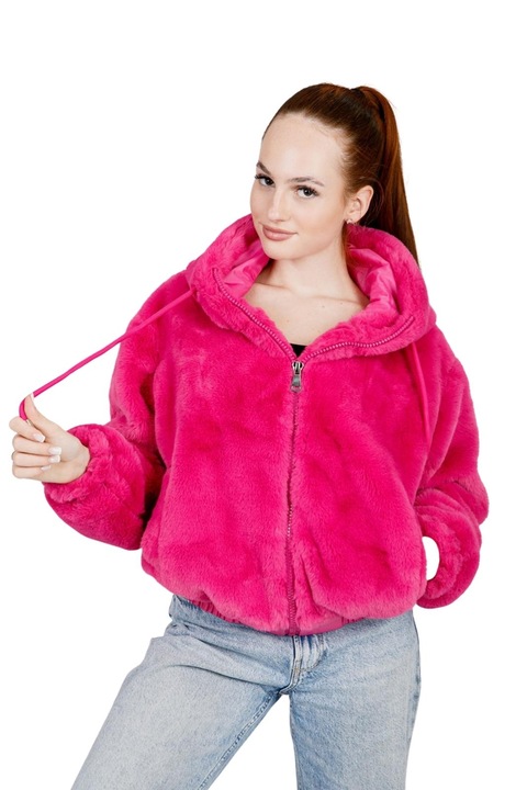 Цикламено яке от синтетичен косъм с качулка, Полиестер, Циклама