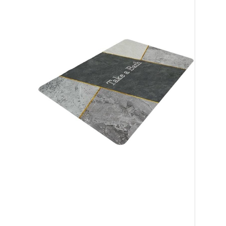 Covoras de Baie, SARAADA, Antiderapant, Uscare Rapida, Modelul,, Take a Bath'', Dreptunghi, 50X80cm, Nuante de Gri