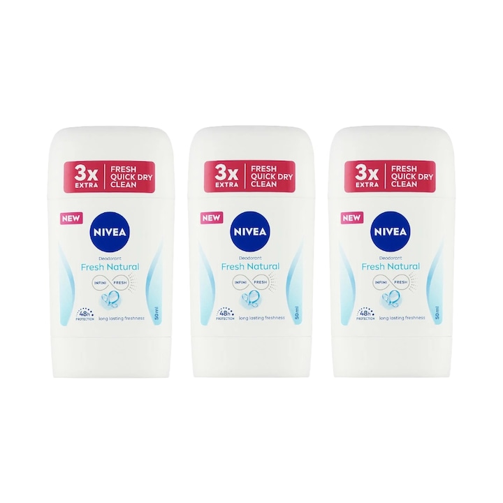 Set 3 x Deodorant Stick pentru Femei, Nivea Fresh Natural 0% Aluminiu 50 ml