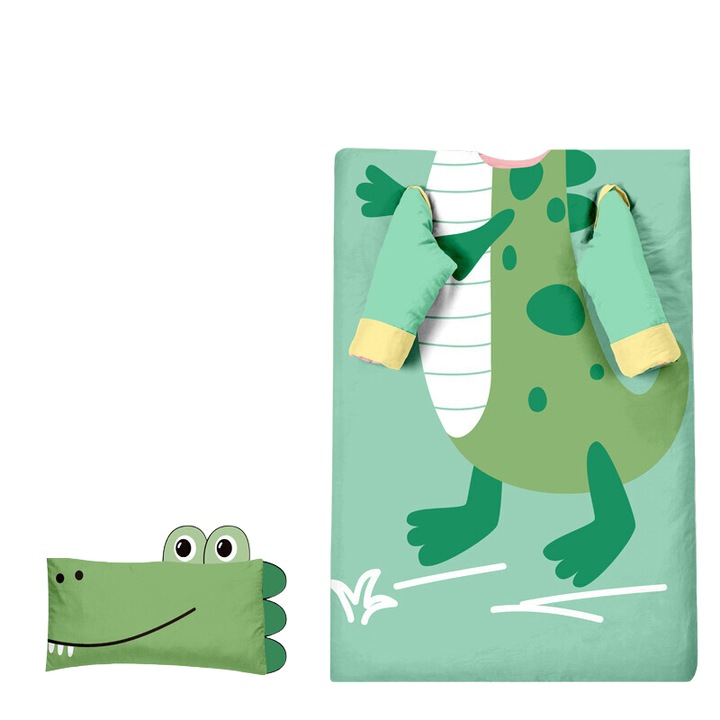 Sac de Dormit pentru Copii, All seasons, Spatiu Generos, Maneci si Captuseala detasabile, Cusaturi tridimensionale, Fermoar cu patru Capete, Interior si Exterior din Bumbac, Model Crocodil, 0-3 Ani, Perna inclusa